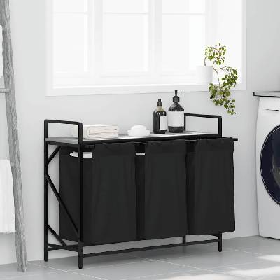 vidaXL Кош за пране, 3 отделения, с рафт, сив, цвят Сонома (859063)