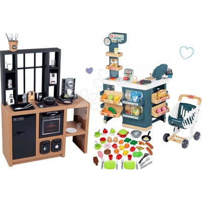 Smoby Set kuchynka moderná Loft Industrial s elektronickým obchodom s vozíkom a potravinami