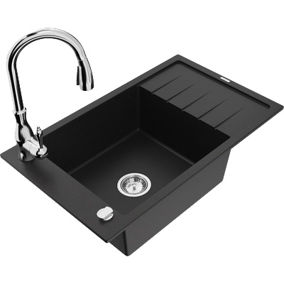 Mexen Elias гранитна мивка с 1 отделение с отцедник и кухненски смесител Savita, черен - 6511-77-672601-00 (6511-77-672601-00)
