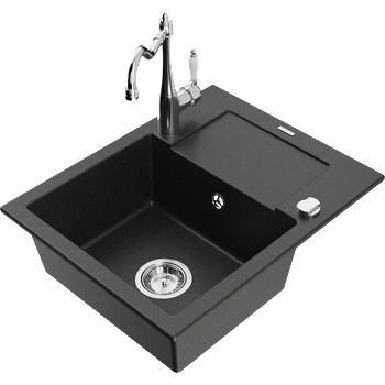Mexen Enzo гранитна кухненска мивка с 1 корито с отцедник и кухненски смесител Carla, черен/златист металик - 6506-75-670700-00 (6506-75-670700-00)