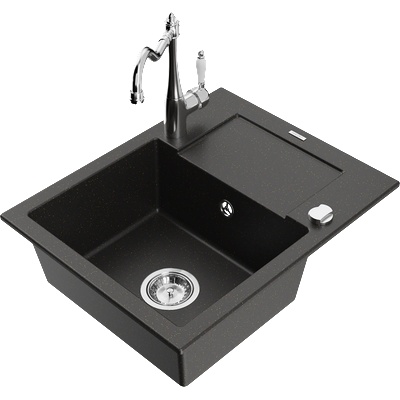 Mexen Enzo гранитна кухненска мивка с 1 корито с отцедник и кухненски смесител Carla, черен/златист металик - 6506-75-670700-00 (6506-75-670700-00)