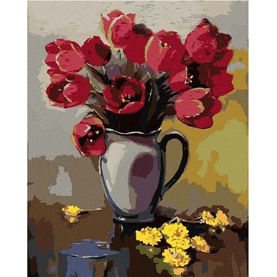 zuty Malování Podle Čísel Tulipány Ve Váze A Pampelišky Na Stole 80 x 100 Cm Plátno Rám