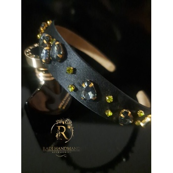 Radi handmade Широка черна диадема с графитени и зелени камъни (951)