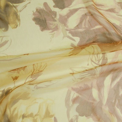 Hedvábný šifon žlutý, okrové a hnědé květy, š.135