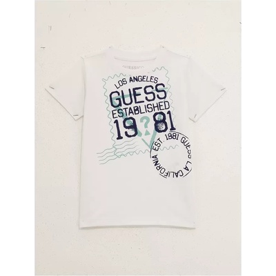 GUESS Бяла тениска с много надписи и ментово лого Guess за мини момче