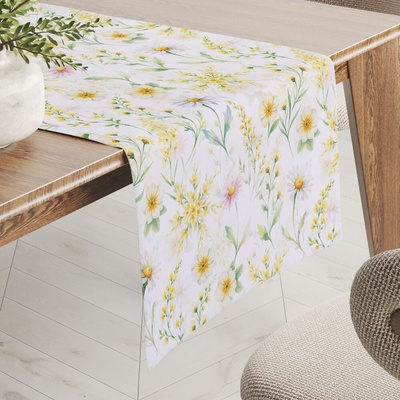 Biante Dekoračný behúň Rongo RGP-506 Maľované žlto-zelené lúčne kvietky na bielom 20x180 cm