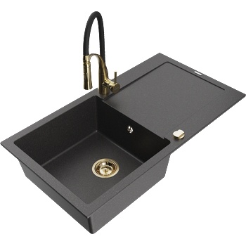 Mexen Leo гранитна мивка с 1 камера и сушилня и кухненски смесител Aster, черен с петна - 6501-76-73450-57-G (6501-76-73450-57-G)