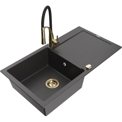 Mexen Leo гранитна мивка с 1 камера и сушилня и кухненски смесител Aster, черен с петна - 6501-76-73450-57-G (6501-76-73450-57-G)