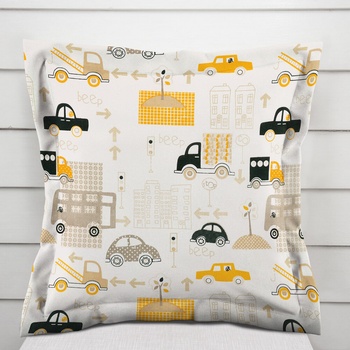 Biante Detská bavlna s lemom Sandra SA-672 Žlté a sivohnedé autá v meste na bielom 45 x 45 cm