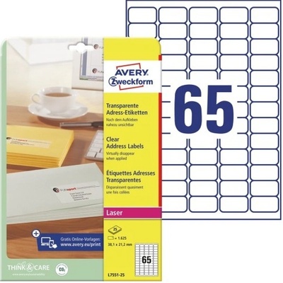 Avery Zweckform Etikety 25 listů A4 transparentní 38,1 x 21,2 mm L7551-25