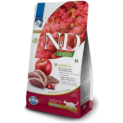 Farmina N&D Quinoa Hairball with Duck & Cranberry , Cat Adult - суха храна без зърнени култури против космени топки, за котки над 1 година, с патешко, киноа, ябълка и червени боровинки