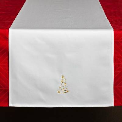 Veba Ubrus ATHOS bavlna satén bílá s výšivkou Vánoční stromeček 40x120 cm