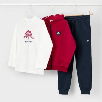 Mayoral Ватиран анцуг с бяла тениска explorer, червен суичър и син спортен панталон за мини момче Mayoral