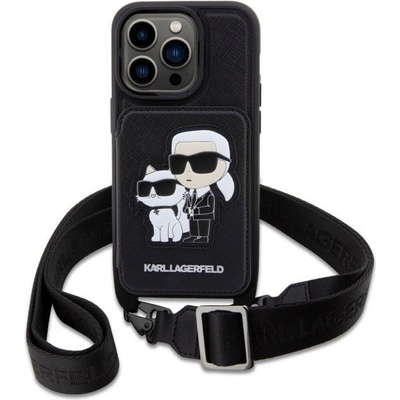 Karl Lagerfeld Saffiano Crossbody Karl and Choupette NFT s nastaviteľným popruhom iPhone 14 Pro - čierne