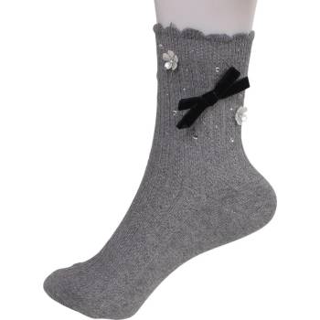 Сиви дамски чорапи с цветя, камъчета и панделка