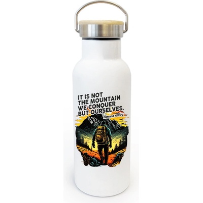 Canvas termoska s bambusovým víčkem a citátem Edmunda Hillaryho 500 ml Bílá