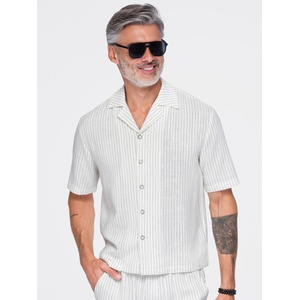 Ombre Clothing Мъжка райета риза regular кройка от вискоза и лен с кубински яка - слонова кост V1 OM-SHSS-0222 Ombre Clothing Ombre Clothing | Byal | МЪЖЕ | M