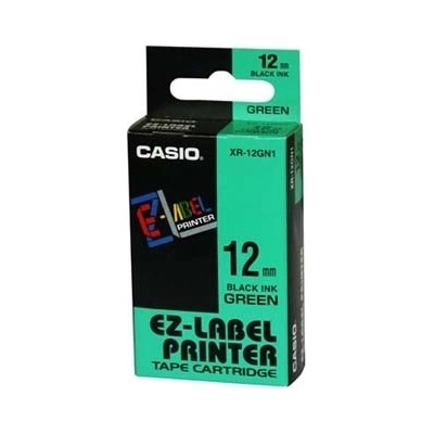 Casio originální páska do tiskárny štítků, Casio, XR-12GN1, černý tisk/zelený podklad, nelaminovaná, 8m, 12mm