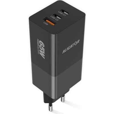 Chytrá síťová nabíječka ALIGATOR GaN, Power Delivery 65W, 2xUSB-C, 1xUSB-A, černá