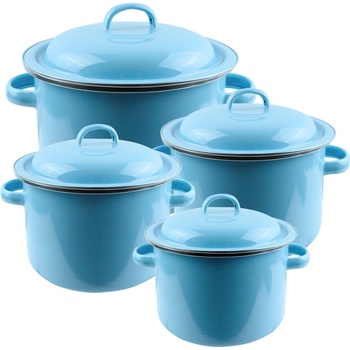 Elekom Комплект Емайлирани тенджери - 8 части, Синьо, Размери: Ø18, 20, 22, 24 см, Бял интериор и предпазен пръстен