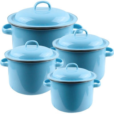 Elekom Комплект Емайлирани тенджери - 8 части, Синьо, Размери: Ø18, 20, 22, 24 см, Бял интериор и предпазен пръстен