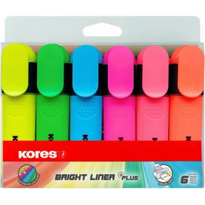 Zvýrazňovač KORES BRIGHT LINER PLUS sada 6 farieb (žltá, zelená, ružová, oranžová, modrá, červená) (36160)