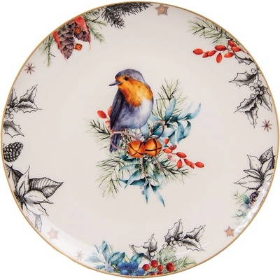 Clayre & Eef Porcelánový dezertní talíř s vánočním motivem ptáčka 21 x 2 cm
