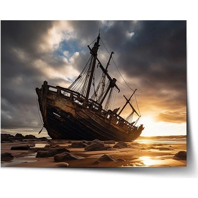Sablio Plagát Vrak lode pri západe slnka - 90x60 cm