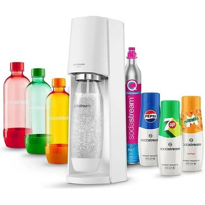 SodaStream Terra White + 3 láhve Jet TriPack Orange Red Green 1l + Sirup Pepsi, MIrinda, 7UP 440 ml