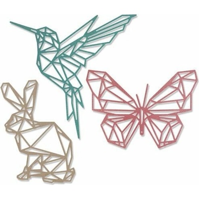 Vyřezávácí kovová šablona (3 ks) - Origami králík, kolibřík a motýl