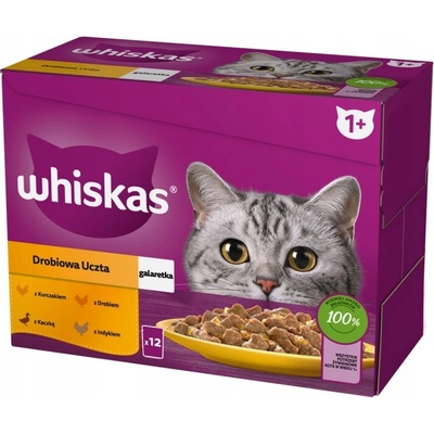 Whiskas Adult сашета 12 x 85 г - Птичешко пиршество - влажна храна за възрастни котки, в желе (парченца от: пиле, патица, птици, пуйка)