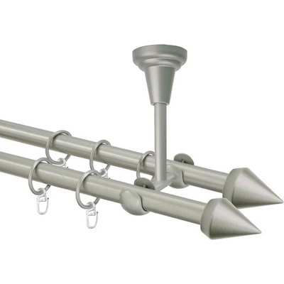 OK-GarnýžeCZ Garnýž kovová dvouřadá 16mm Hrot double stříbrná mat 230 cm do stropu / kroužky s háčkem