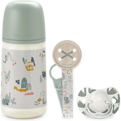 Suavinex sada fľaša 270ml + cumlík fyziologický + klip Walk zelená