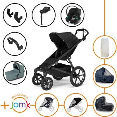 Thule Set 11v1 Urban Glide 4-wheel Black 2024 + madlo + korba Mid blue + JOMK příslušenství + autosedačka Cybex s ISOFIX základnou a adaptéry Thule