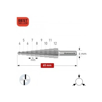 Karnasch Стъпално свредло Ø 4-12 mm (x 4 mm), HSS-XE без покритие, 2x прав канал, BESTSELLER (213030)