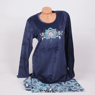 Плюшена пижама в тъмносиньо и тюркоазено с цветя