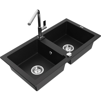 Mexen Mario гранитна кухненска мивка с 2 отделения и кухненски смесител Flora, черен - 6504-77-670401-00 (6504-77-670401-00)