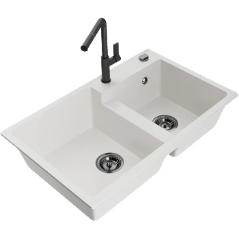 Mexen Tomas гранитна мивка с 2 отделения и кухненски смесител Flora, бял - 6516-20-670401-70-B (6516-20-670401-70-B)