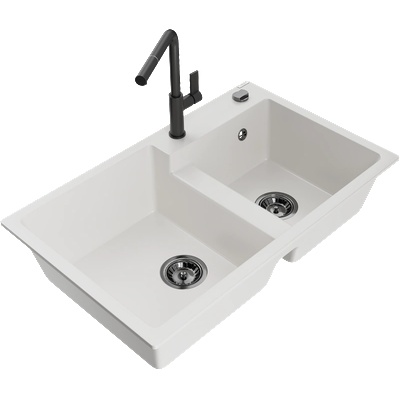 Mexen Tomas гранитна мивка с 2 отделения и кухненски смесител Flora, бял - 6516-20-670401-70-B (6516-20-670401-70-B)