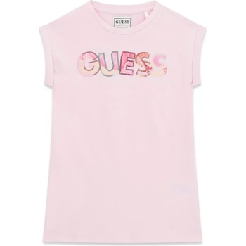 Guess Памучна розова рокля за мини момиче с надпис Guess с пайети