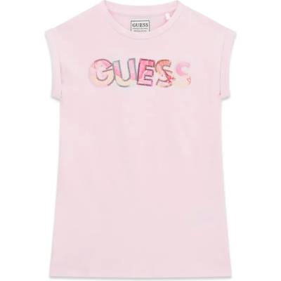 Guess Памучна розова рокля за мини момиче с надпис Guess с пайети