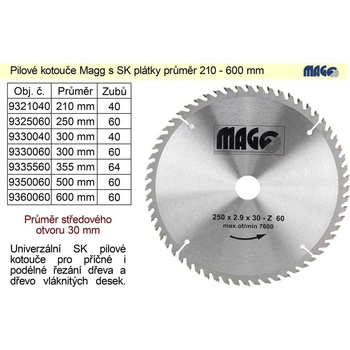 Magg Pilový kotouč 255x2,9x30mm/ 60 zubů střídavě šikmé 9325560