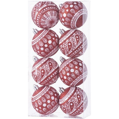 MagicHome Gule 8 ks 6 cm červené s bielym ornamentom na vianočný stromček