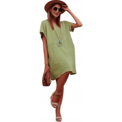 Boho Italy Fashionweek ľanové šaty Oversize+ náhrdelník MD805 Olivový