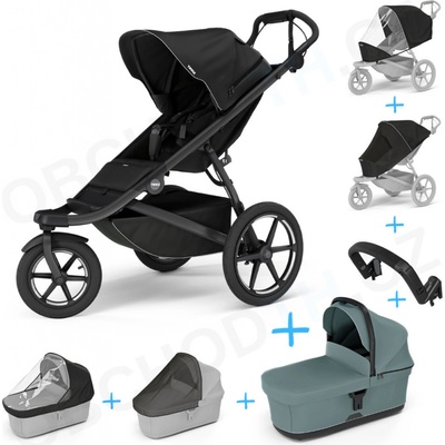 Thule Set 7v1 Urban Glide 3 Black 2024 + pláštěnka + ochranná síť + madlo + korba Mid blue + pláštěnka + ochranná síť na korbu