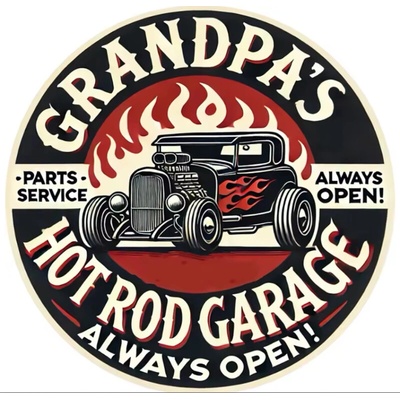 Plechová retro US cedule Rocka Grandpa´s Hot Rod Garage