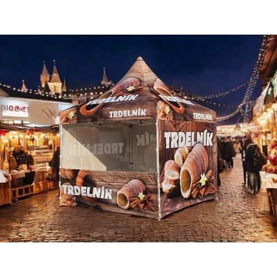 TENTino SET Nožnicový párty stan 3 x 3 m s grafikou TRDELNÍK 300 g/m2, BIG HEXAGON S VYŠŠÍ ŠPICÍ, POTLAČ strecha + bočnice: střecha +