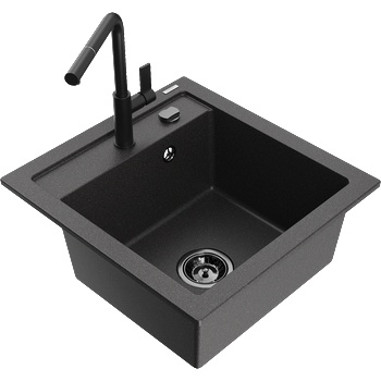 Mexen Vito гранитна мивка с 1 корито и кухненски смесител Flora, черно на точки - 6503-76-670401-70-B (6503-76-670401-70-B)