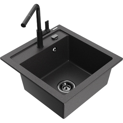 Mexen Vito гранитна мивка с 1 корито и кухненски смесител Flora, черно на точки - 6503-76-670401-70-B (6503-76-670401-70-B)