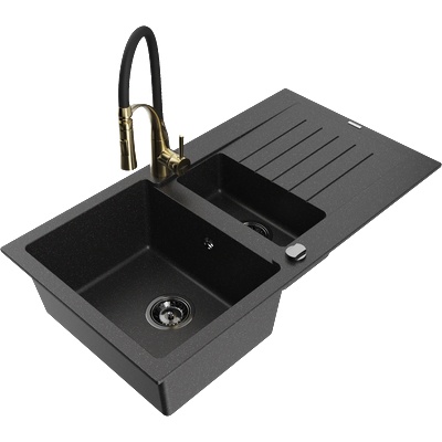 Mexen Matias гранитна мивка с 1, 5 камери с отцеждане и кухненски смесител Aster, черен/сребрист - 6502-73-73450-57-B (6502-73-73450-57-B)